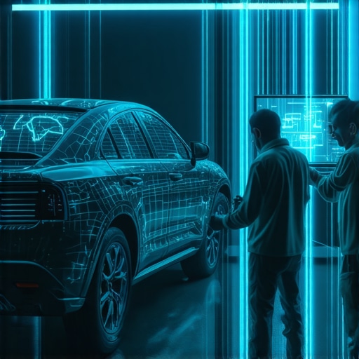 Technicians using holographic displays to monitor transmission data in a high-tech workshop