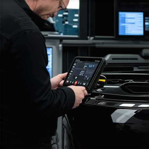 Technician analyzing hybrid transmission data with advanced diagnostic equipment.