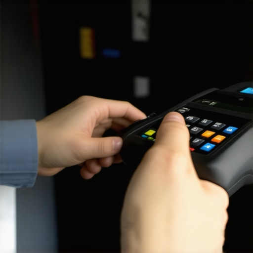 Technician using high-tech diagnostic tool on vehicle transmission