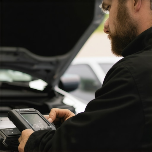 Auto mechanic using diagnostic equipment in workshop