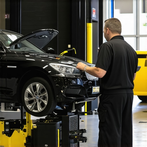 Auto repair technicians working with advanced diagnostic equipment on vehicle transmissions.