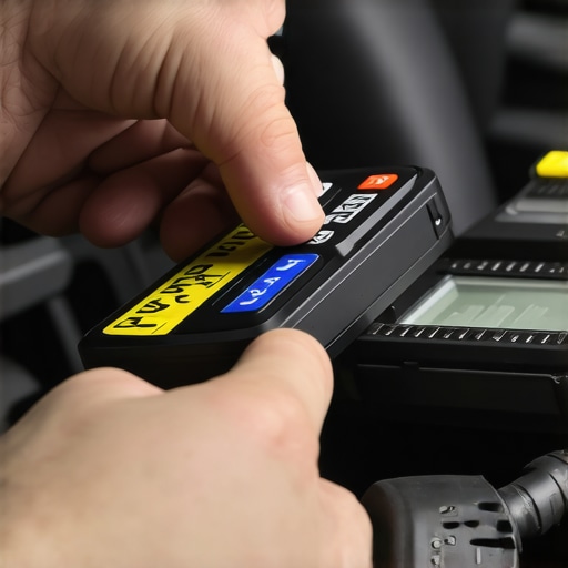 Technician adjusting vehicle transmission settings with diagnostic equipment.