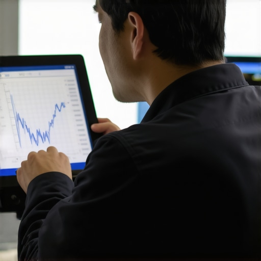 Technician analyzing transmission system data with advanced diagnostics.