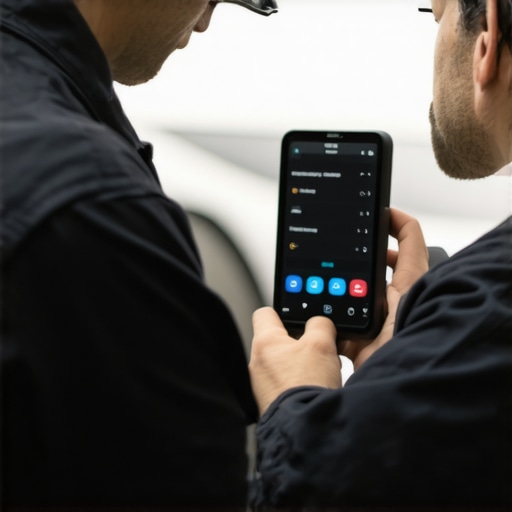 Mechanic diagnosing transmission issues with high-tech scanner