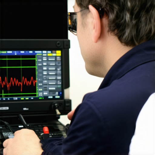 Transmission Signal Analysis Technician using oscilloscope to examine transmission solenoid waveforms during diagnostics