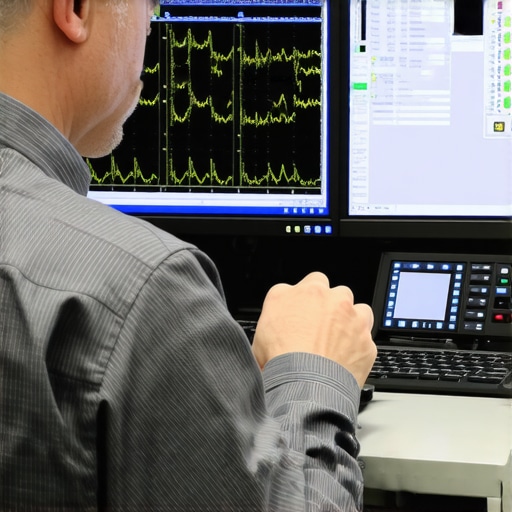 Technician using spectral analyzer to diagnose transmission vibrations