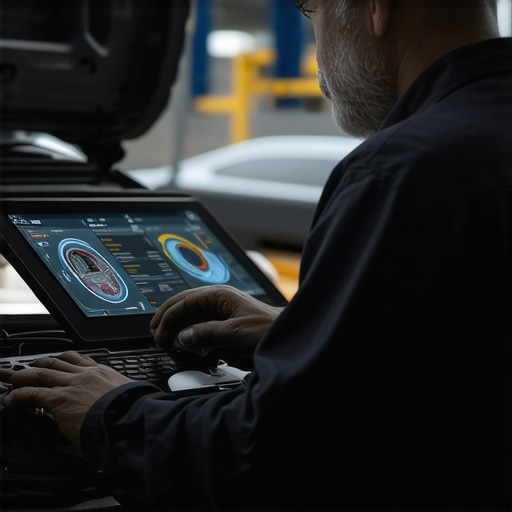 AI Diagnostic Analysis in Auto Repair Technician reviewing transmission diagnostics using AI technology