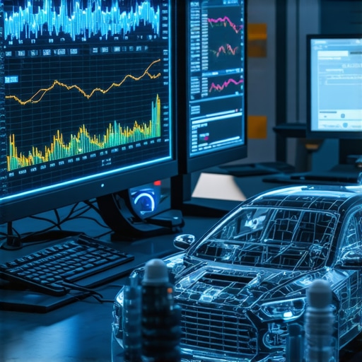 Futuristic automotive diagnostics lab showing AI systems analyzing vehicle transmission data