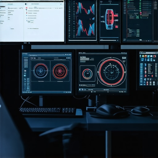 Advanced Automotive Diagnostics Setup A technician using high-tech diagnostic tools with AI and data visualization in a vehicle repair shop