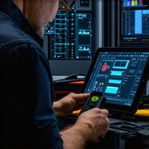 Mechanic using high-tech diagnostic tools in a modern auto repair shop.