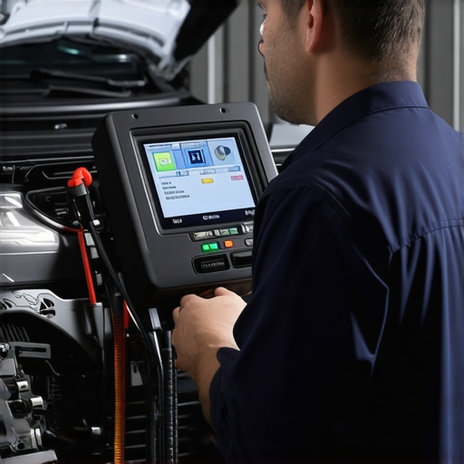 Technician analyzing electronic control modules of a modern vehicle transmission with specialized tools.