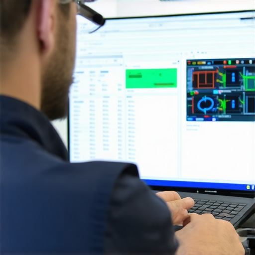 Technician analyzing integrated vehicle diagnostic data on multiple screens