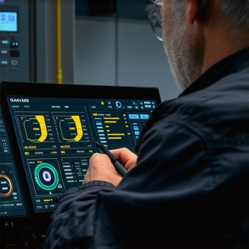 Expert Diagnostic Technician Analyzing Modern Transmission Data Technician reviewing transmission diagnostics with digital tools and CAN bus data displays.