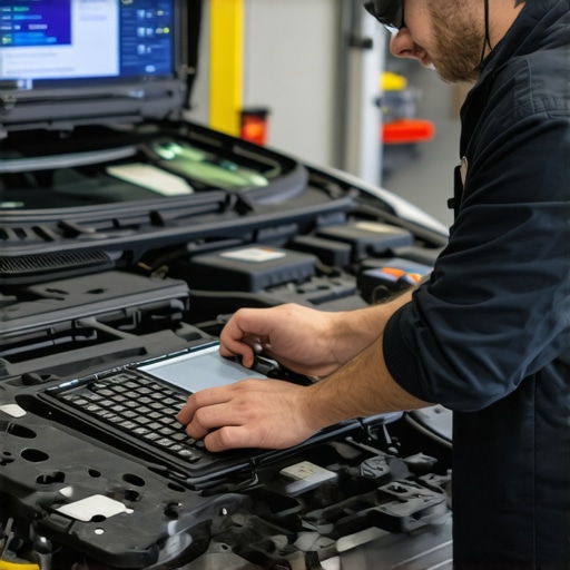 Automotive technician performing firmware update on hybrid vehicle transmission with diagnostic equipment