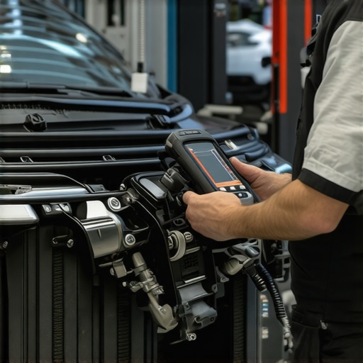 High-Tech Transmission Diagnostic Equipment Technician using advanced diagnostic tools on vehicle transmission