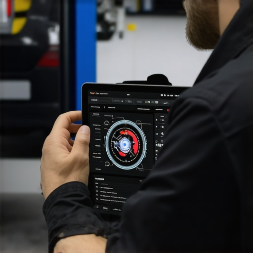 Technician analyzing transmission system data using digital tools in a modern garage