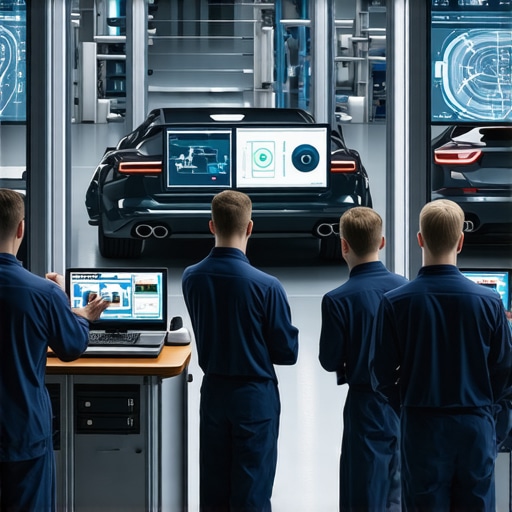 Technicians using advanced digital tools for transmission health analysis in a modern workshop.