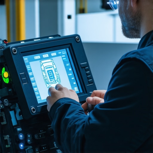 High-Tech Transmission Diagnostics in Action Technician performing advanced diagnostics on hybrid vehicle transmission with glowing sensors and digital readouts