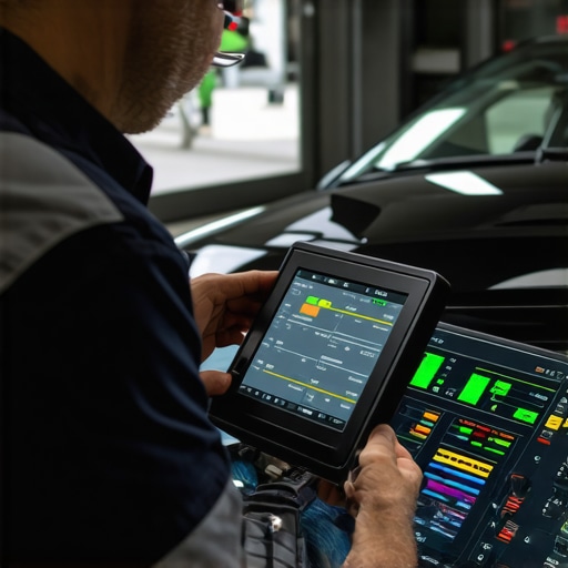 Technician performing diagnostic testing on hybrid transmission using advanced scanner.