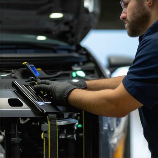 Hybrid Vehicle Transmission Diagnostic Technician inspecting a hybrid vehicle's transmission system with specialized diagnostic equipment