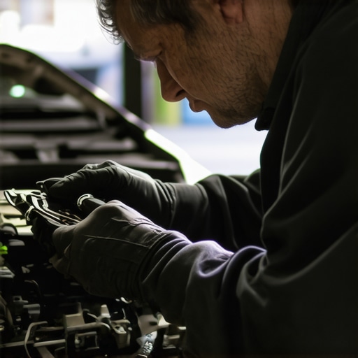 Modern Automotive Diagnostic Equipment in Use Technician working with high-tech vehicle diagnostics equipment during repair