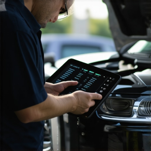 Technician analyzing vehicle transmission diagnostics with advanced AI-powered tools.
