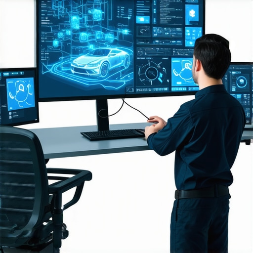 High-tech vehicle diagnostics station with digital screens and network connectivity