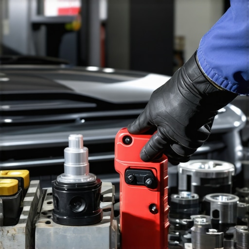 Technician calibrating transmission sensors using laser equipment in an advanced auto repair workshop.