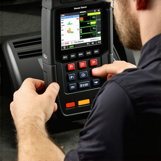 Technician working with diagnostic tools on a vehicle's brake sensor with detailed data screens.