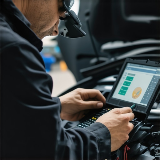 Technician performing calibration on a hybrid vehicle's sensors with digital diagnostic tools