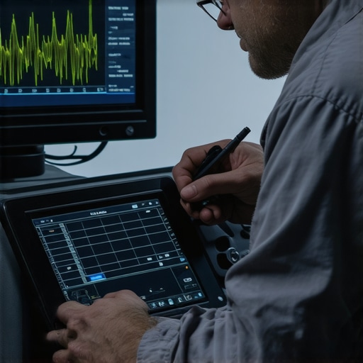 Technician analyzing real-time sensor waveforms with oscilloscopes in a modern workshop