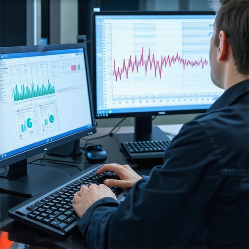 Technician analyzing transmission communication protocols using high-end diagnostic tools
