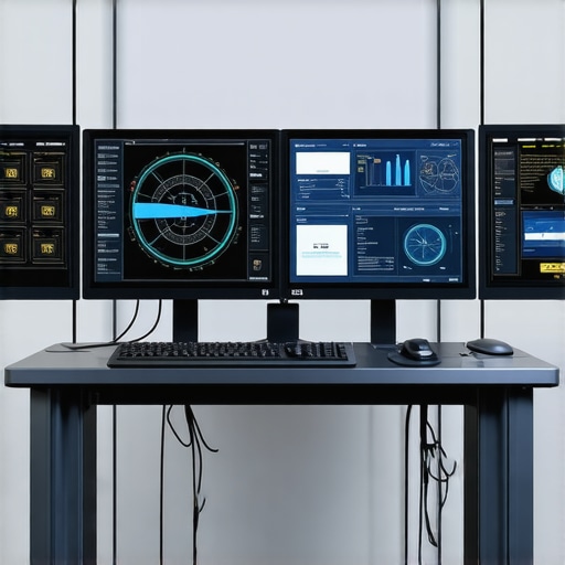 Advanced automotive diagnostic setup Modern vehicle diagnostic equipment with multiple monitors and sensors