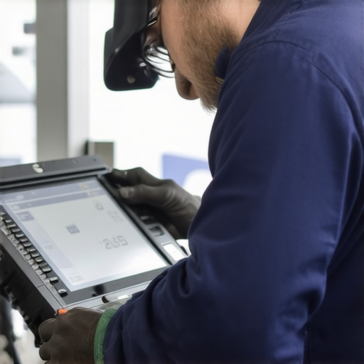 Automotive Sensor Calibration Technician calibrating vehicle sensors with high-tech diagnostic tools.