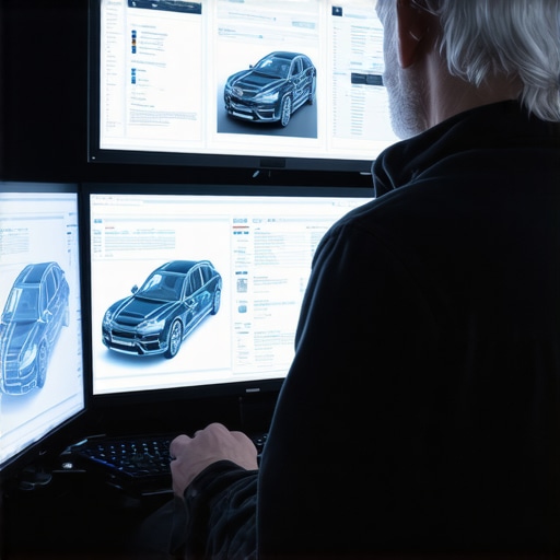 Technician using advanced AI diagnostics on vehicle systems with multiple displays