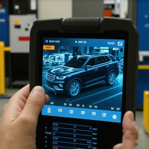 A technician using an augmented reality diagnostic device to assess transmission components in a workshop.