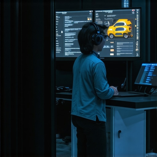 Technicians using AR headsets and open-source tools in an automotive diagnostics lab