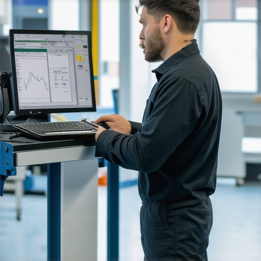 Technician analyzing transmission data using futuristic diagnostic tools