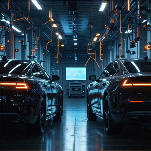 Advanced automotive diagnostics with quantum and AI technology in a modern repair shop.