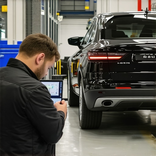 Technicians using high-tech diagnostic equipment to analyze transmission sensors in a modern garage