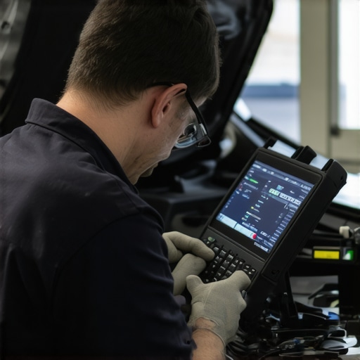 Precision Calibration Equipment for Modern Transmissions Technician calibrating hybrid vehicle's transmission with specialized diagnostic device