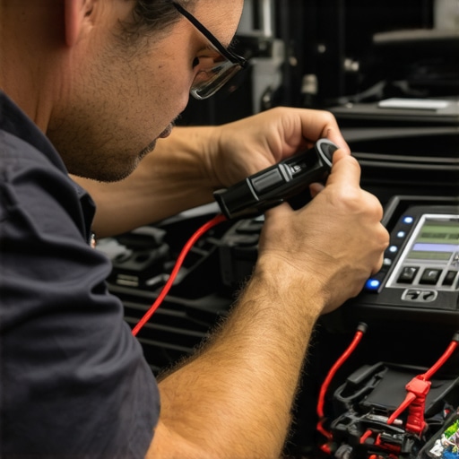 Precision calibration of transmission sensors Technician calibrating transmission sensors with digital tools in a workshop.