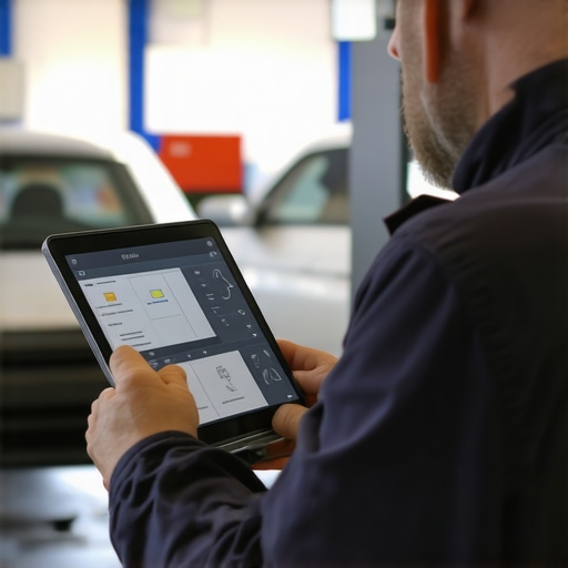 Technician working with diagnostic software on a tablet in a garage environment.