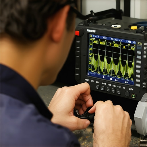 Technician using oscilloscope to analyze electrical signals in vehicle transmission system