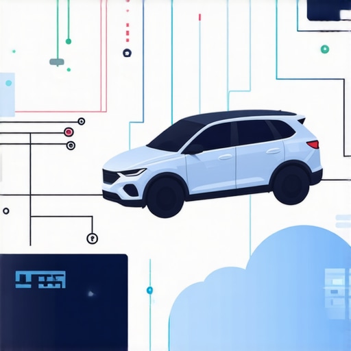 Illustration of AI analyzing vehicle transmission data via cloud connection with cybersecurity safeguards.