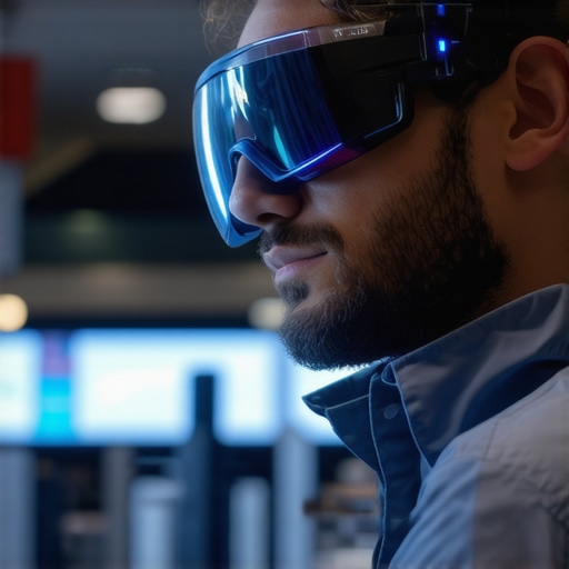 Technician with AR glasses inspecting a modern vehicle transmission system.
