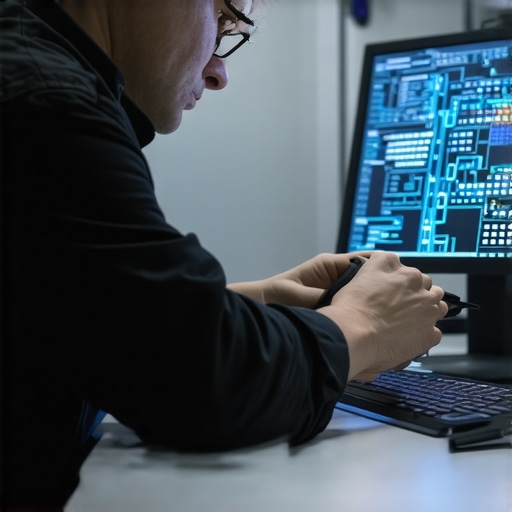 Technician examining firmware analysis data on a computer in a vehicle repair lab.
