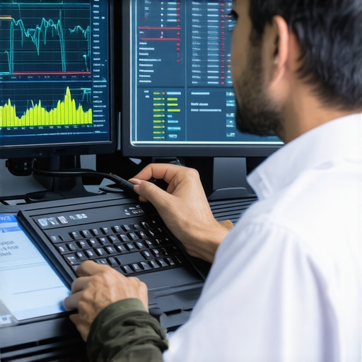 Technician inspecting digital diagnostics data for hybrid vehicle transmission issues.