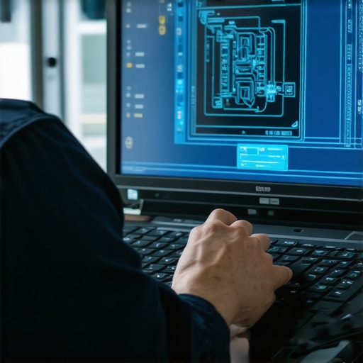 Car technician using a sophisticated diagnostic tool to analyze transmission data