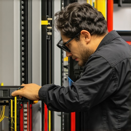 Technician performing sensor calibration on electric vehicle's transmission system.